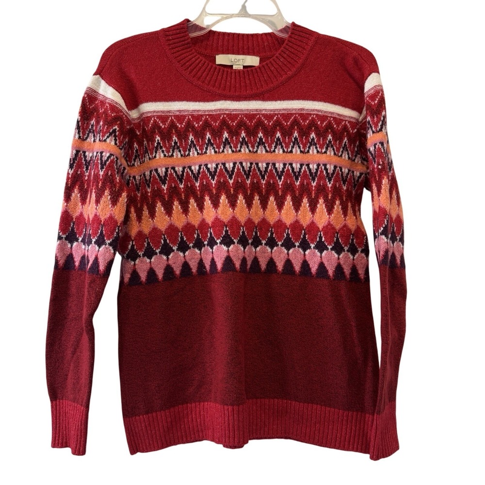 LOFT Sweater Womens XS Fair Isle Geometric Pullover Red Multi Cotton Blend Warm - Picture 1 of 6